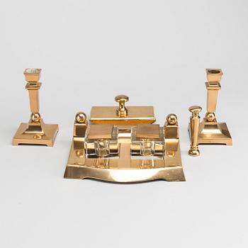 SIX PIECES BRASS INKWELL DESK SET, first half of the 20th century.