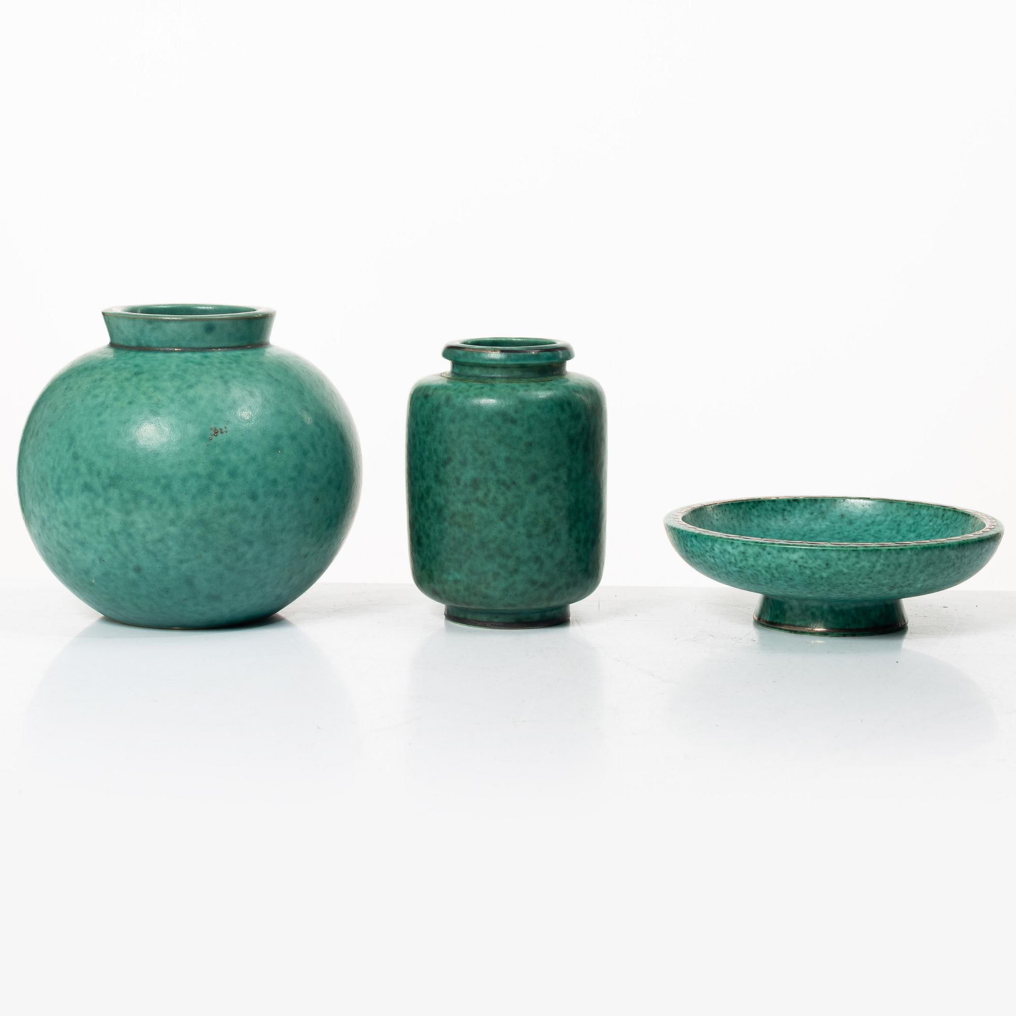 Wilhelm Kåge, two 'Argenta' vases and a bowl, Gustavsberg, 1930s/40s.
