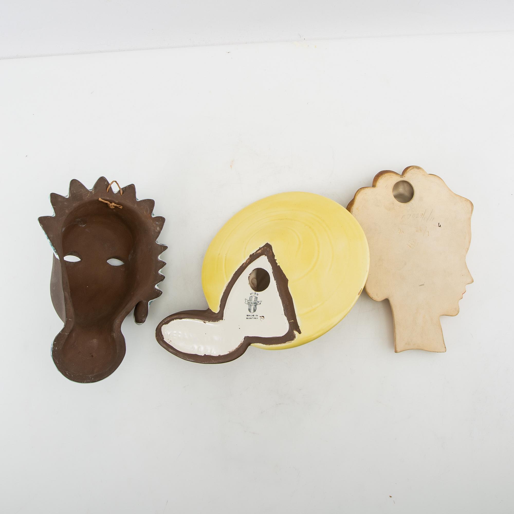 Wall masks 3 pcs including Keramo and Wallendorf Germany/Austria mid-20th century porcelain.