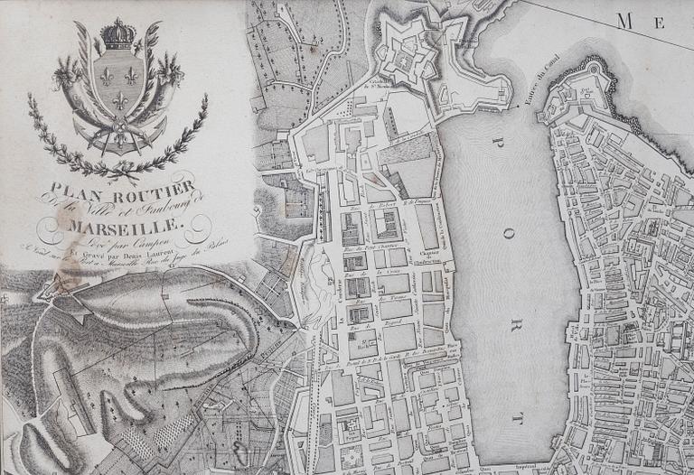 STADSKARAT, Plan Routier de la Ville de Marseille. Levé par Campen et Gravé par Denis Laurent. Omkring 1800.