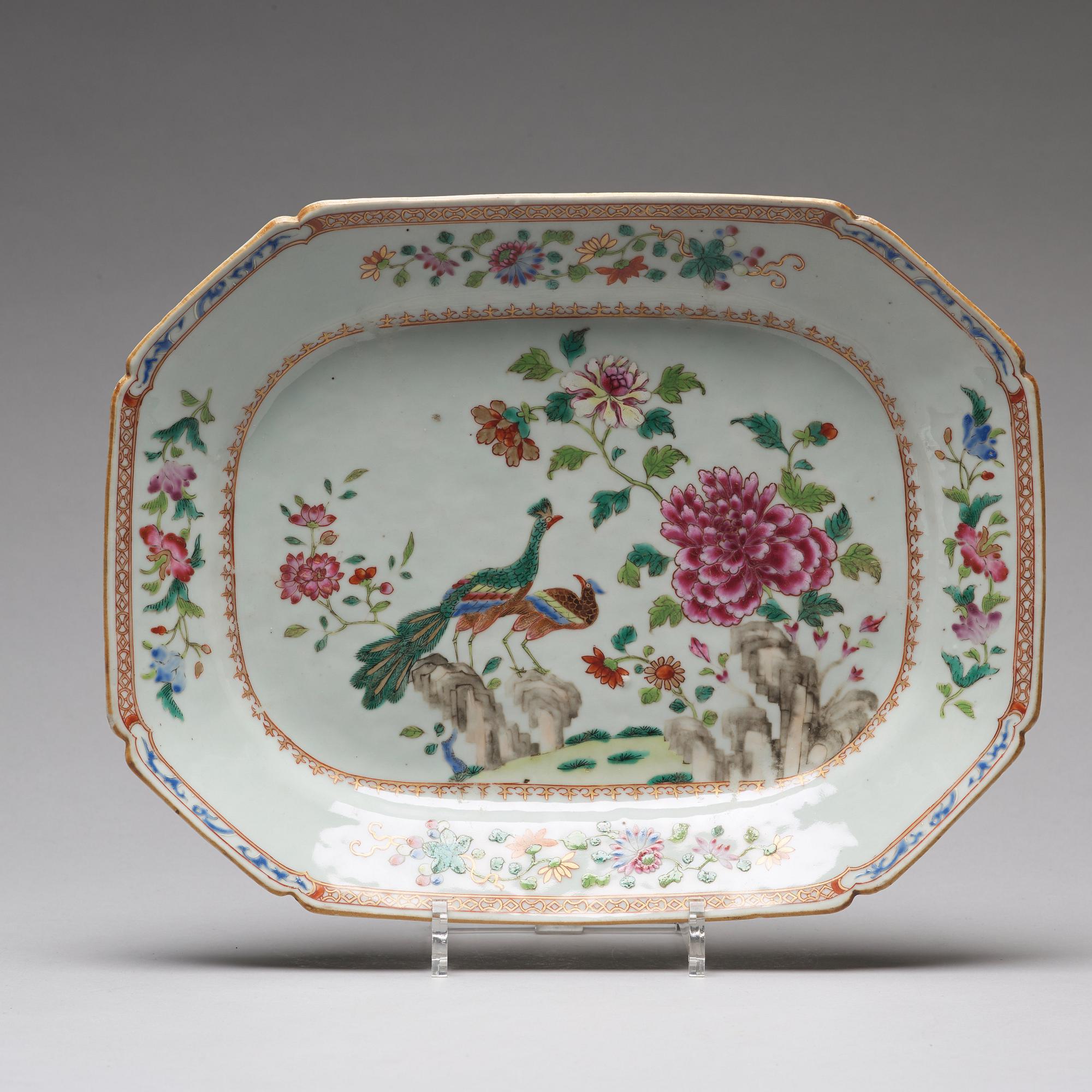 A pair of famille rose 'double peacock' serving dishes, Qing dynasty, Qianlong (1736-95).
