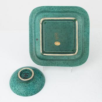 Wilhelm Kåge, vaser 2 st, skål och askfat, "Argenta", Gustavsberg.