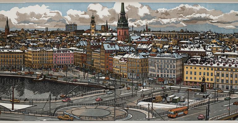 SVENOLOV EHRÉN, färgträsnitt, samramade motiv över slussen. 225/360.