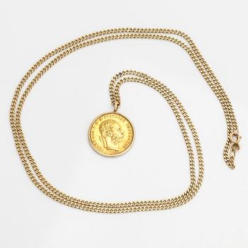 A gold coin pendant, Frans Josef I, Austria-Hungary, 1915. with a 14K gold chain.