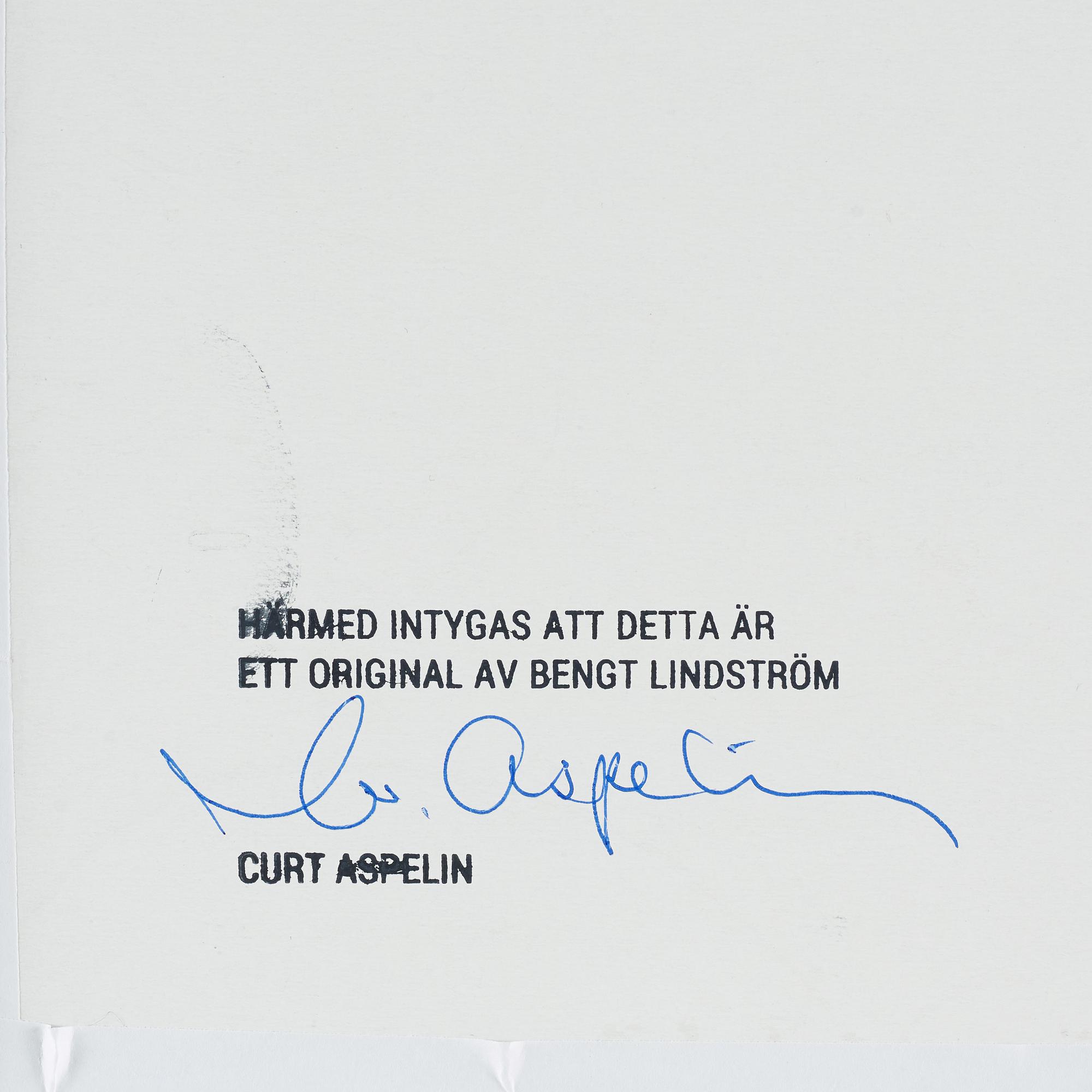 Bengt Lindström, kol på papper, intygad a tergo av Curt Aspelin, 1940-tal.