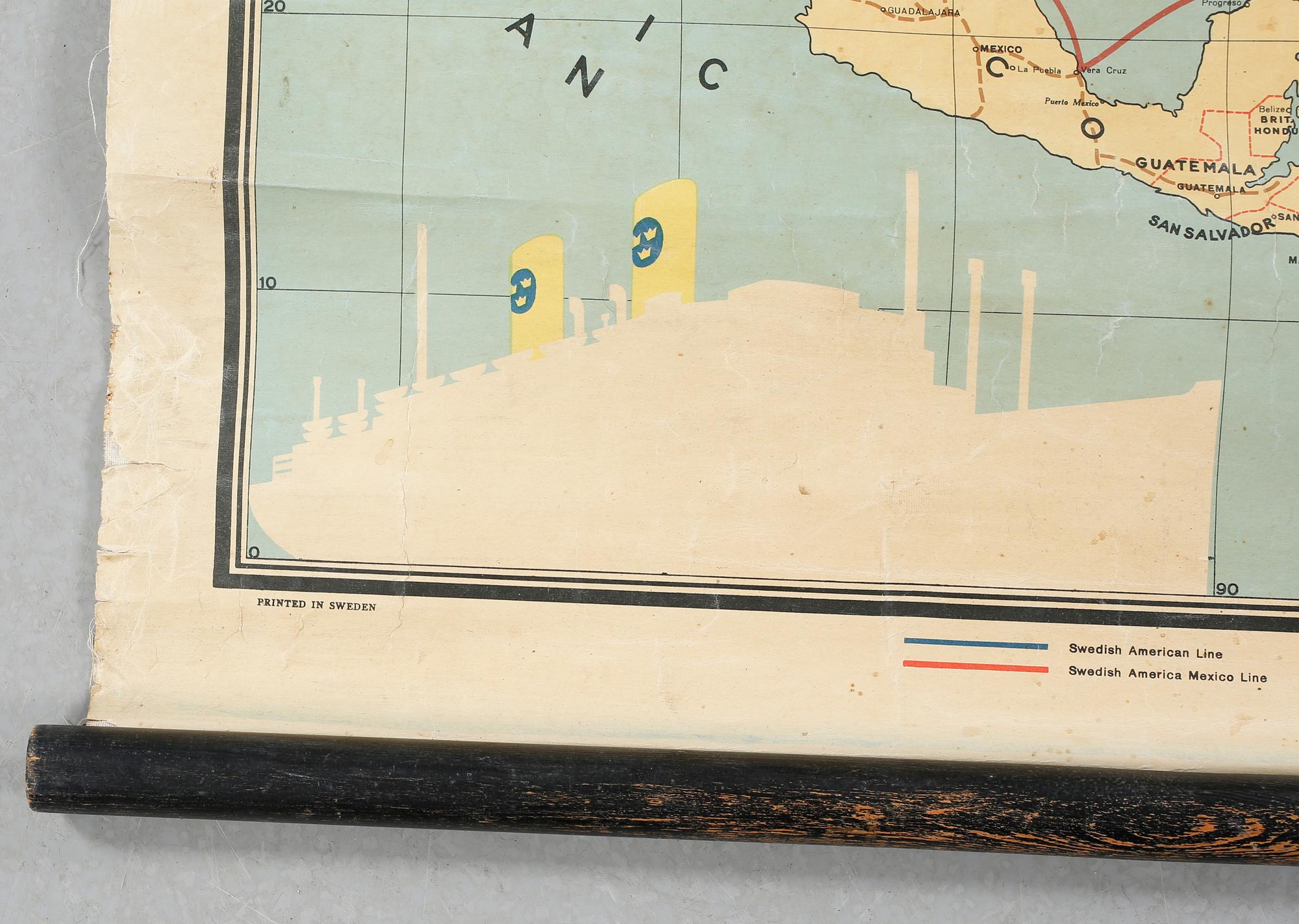 A school map of the swedish american line and swedish america mexico line, early 20th century.
