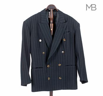 207. JEAN-PAUL GAULTIER, a black woolblend pinstriped men's jacket and pants. Size 50.