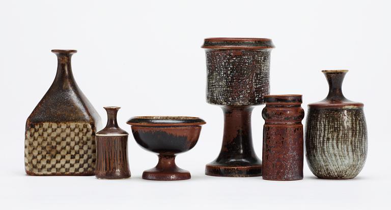 A set of six Stig Lindberg stoneware miniatures, Gustavsberg studio 1960's-70's.