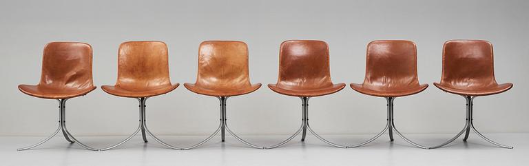 Poul Kjaerholm, a set of six brown leather "PK-9" chairs, E Kold Christensen, Denmark 1960's.