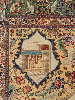 A carpet, old Tabriz part silk figural, ca 263,5 x 177 cm.