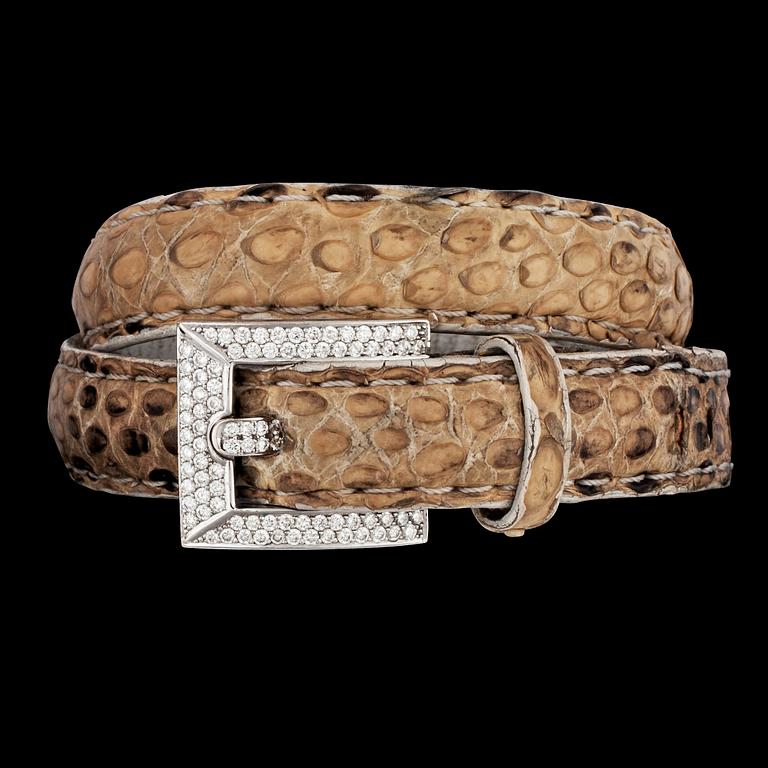 A snake skin and brilliant cut diamond bracelet, tot. app. 1.50 cts.