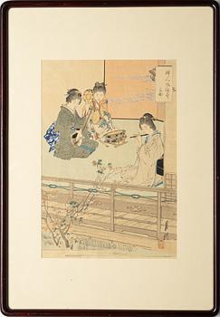 A group of four Japanese woodblock prints, Ogata Gekko, Takeuchi Keishu and Kōgyo Tsukioka.