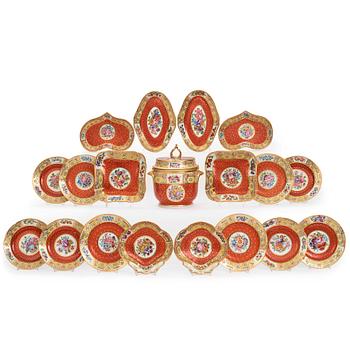 A part Copeland coral ground dessert service, England, circa 1800. (38 pieces).