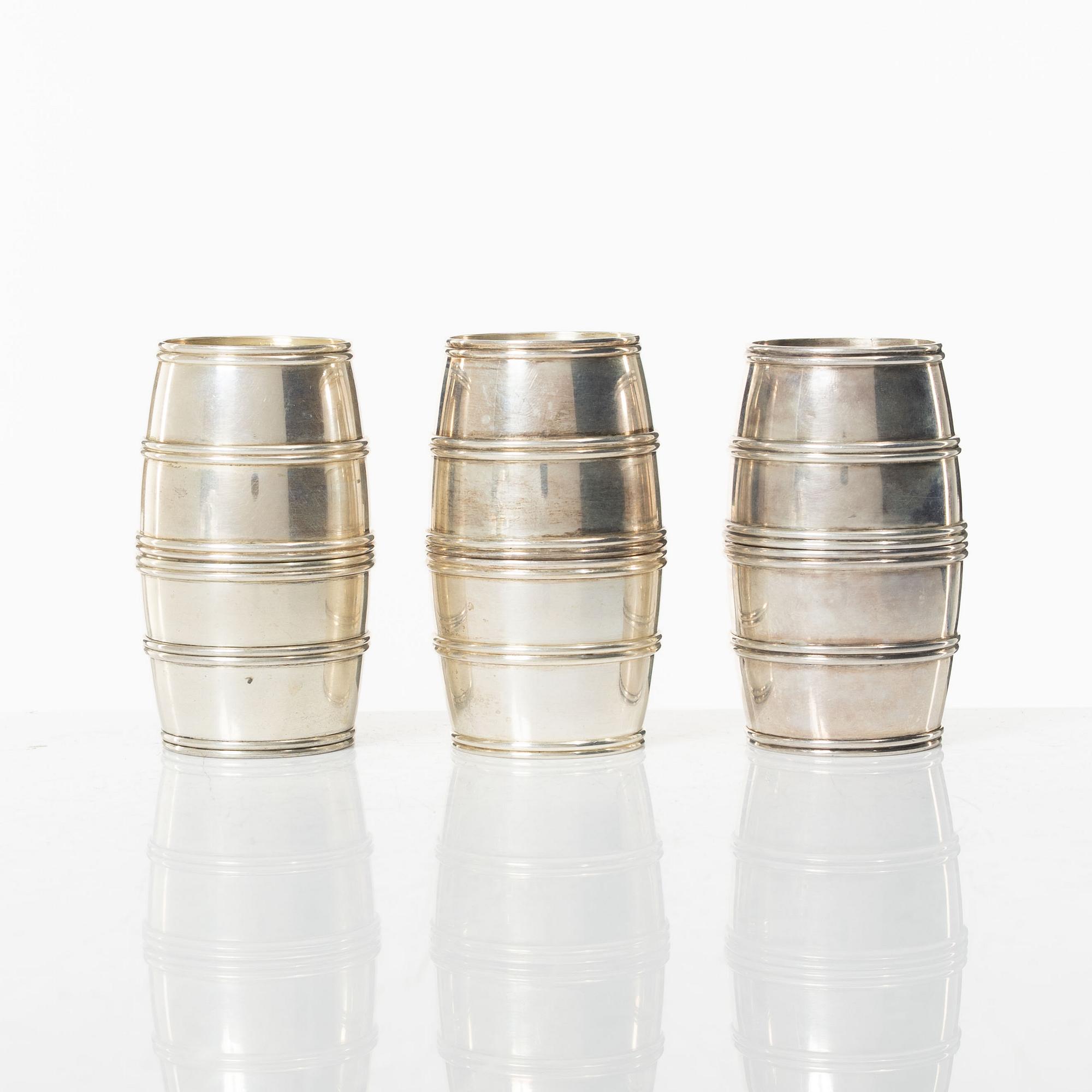 Six silver vodka cups, in the form of three detachable barrels, including mark of CF Carlman, Stockholm 1924.