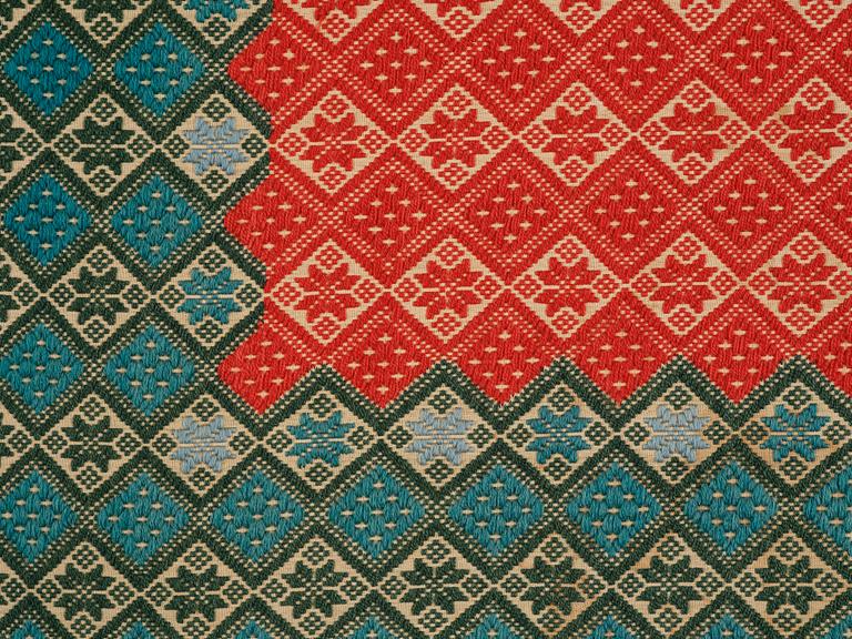 A textile cover, weft-patterned tabby type, South west Scania, c. 160 x 102 cm. Circa 1900,