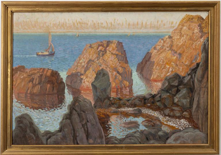 Elis Åslund, Coastal landscape with sailboat, the Mediterranean.