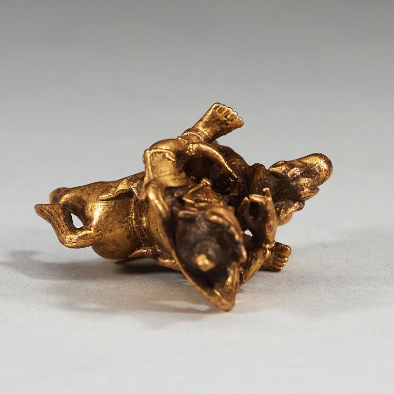 A gilt bronze figure of a Boddhisatva on a horse, Qing dynasty, 18/19th Century.