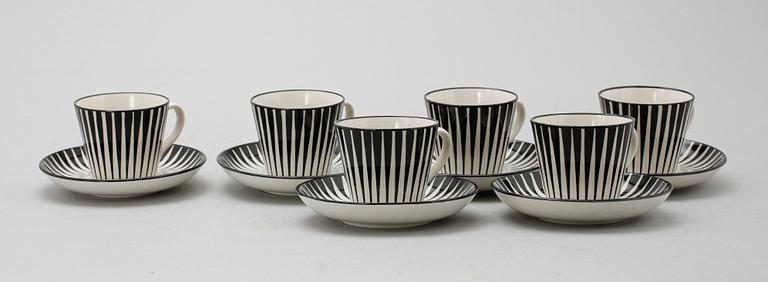 KAFFEKOPPAR MED FAT, 6 st, porslin, Zebra, Eugen Trost, Upsala-Ekeby Gefle, 1900-talets mitt.