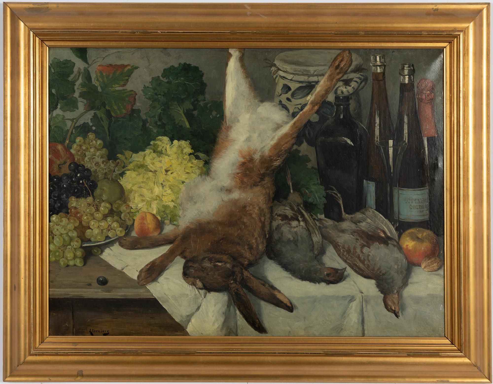 August Jernberg, Still life with a hare, birds, fruits, and bottles.