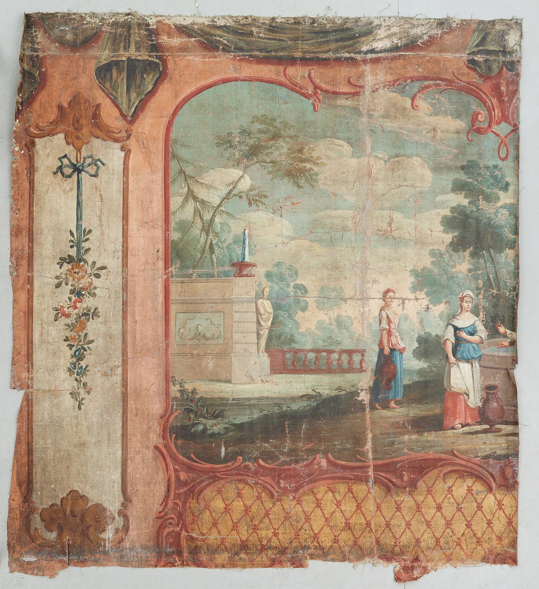 TAPETER, 5 större delar, olja på linneväv.  Sverige, 1700-talets andra hälft. Rokoko.