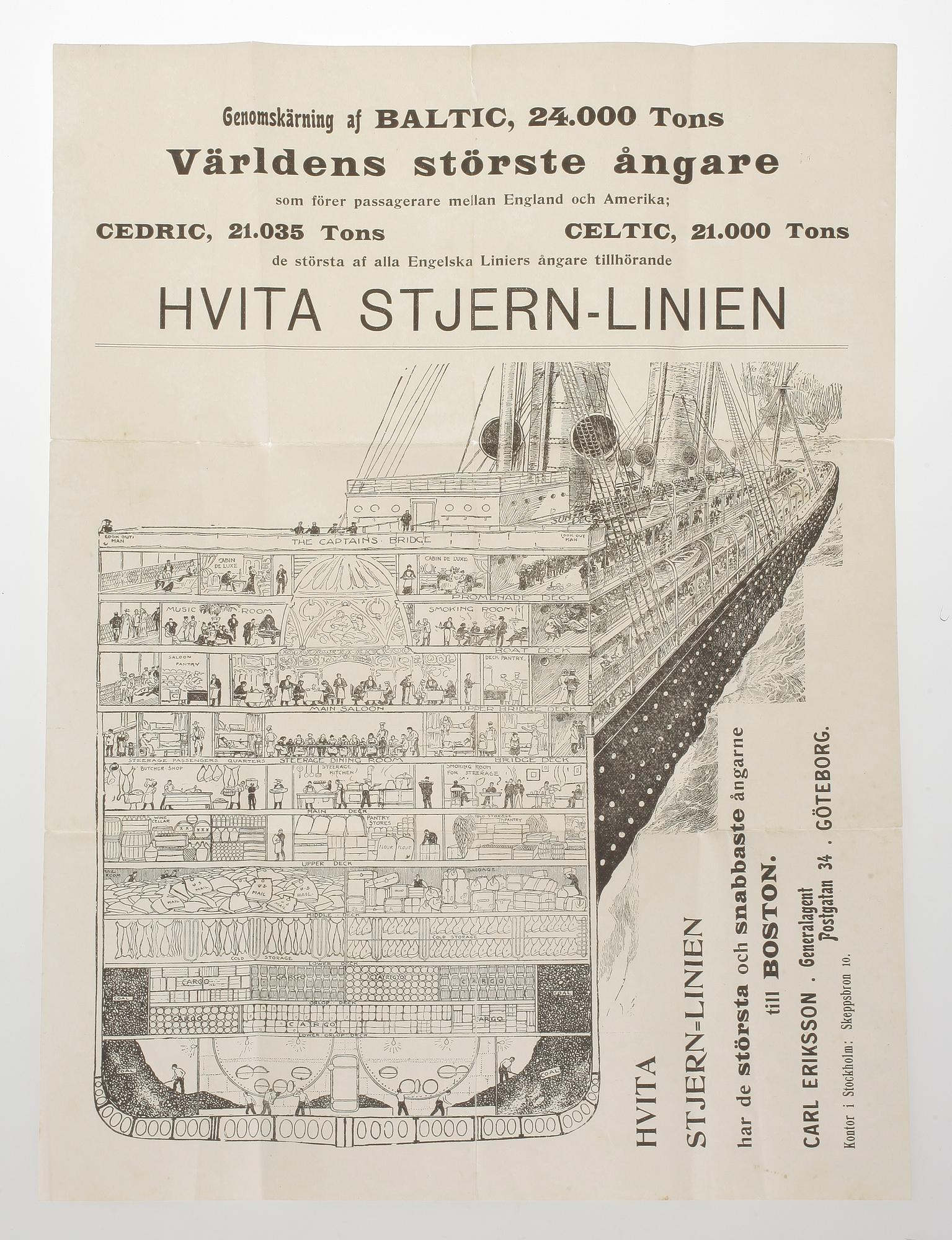 BROSCHYR. "HVITA STJERN LINIEN", "WHITE STAR LINE", Generalagent Carl Eriksson, Göteborgs Litografiska Aktiebolag, 1907.