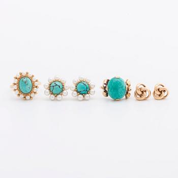 SET of 2 rings, 2 pair of earrings, 18K gold, 1 amazonite , probably synthetic turquoise and cultured pearls approx 3 mm.