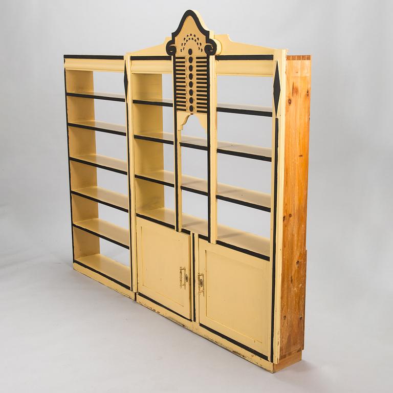 Two wall cabinets and shelves, Sagu pharmacy furniture, Finland early 20th century.