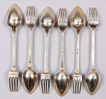 DESSERTBESTICK, 6 st, silver. Troligen Frankrike. 1830-tal.