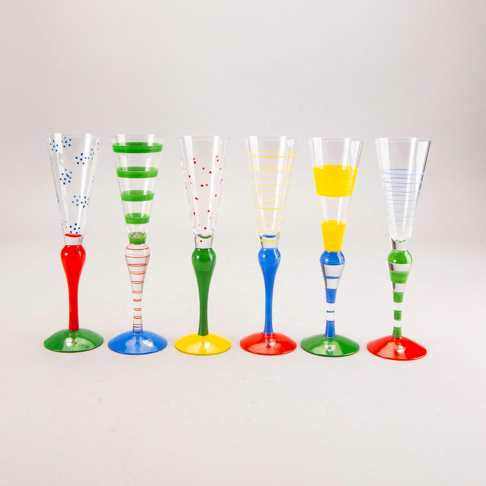 Anne Nilsson, a set of six handpainted champagne glasses from Orrefors.