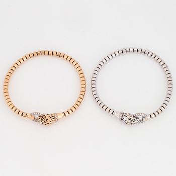 Two panther stretchy white gold and rosé gold with brilliant-cut diamonds.