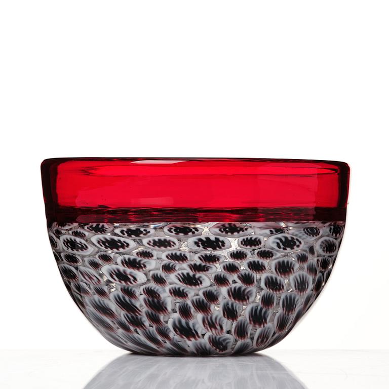 Riccardo Licata, a red glass "lattimo and black wheel murrine" bowl, model 3613, Venini, Murano, Italy, probably 1950's.