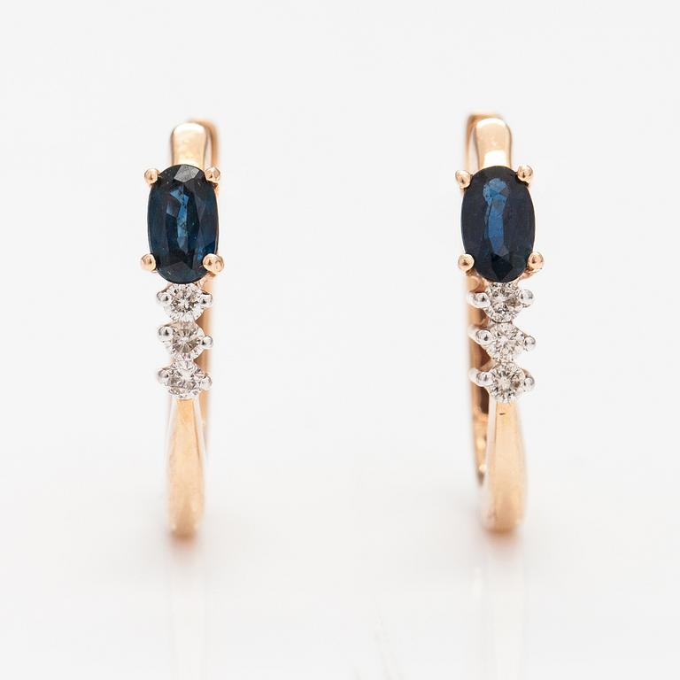 A pair of 14K gold earrings with sapphires and diamonds ca. 0.12 ct in total. Soviet union.