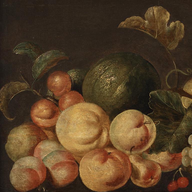 Monogramisten C. DH, Still life with fruits and a white parrot.