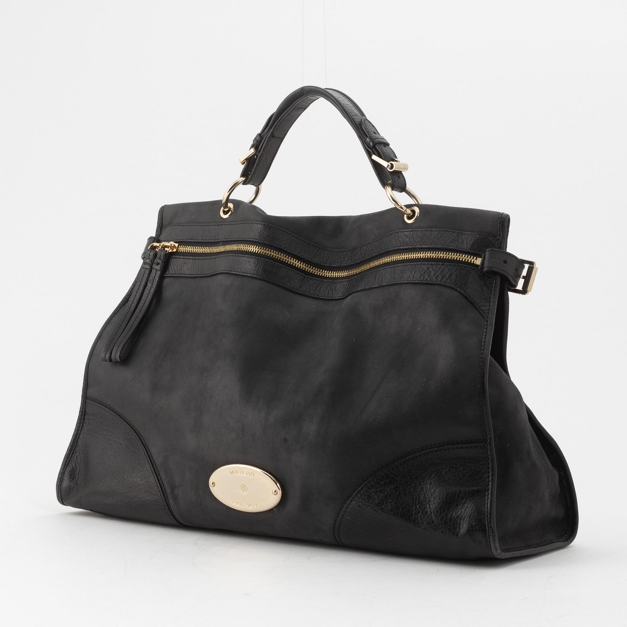 Mulberry, a black leather handbag.
