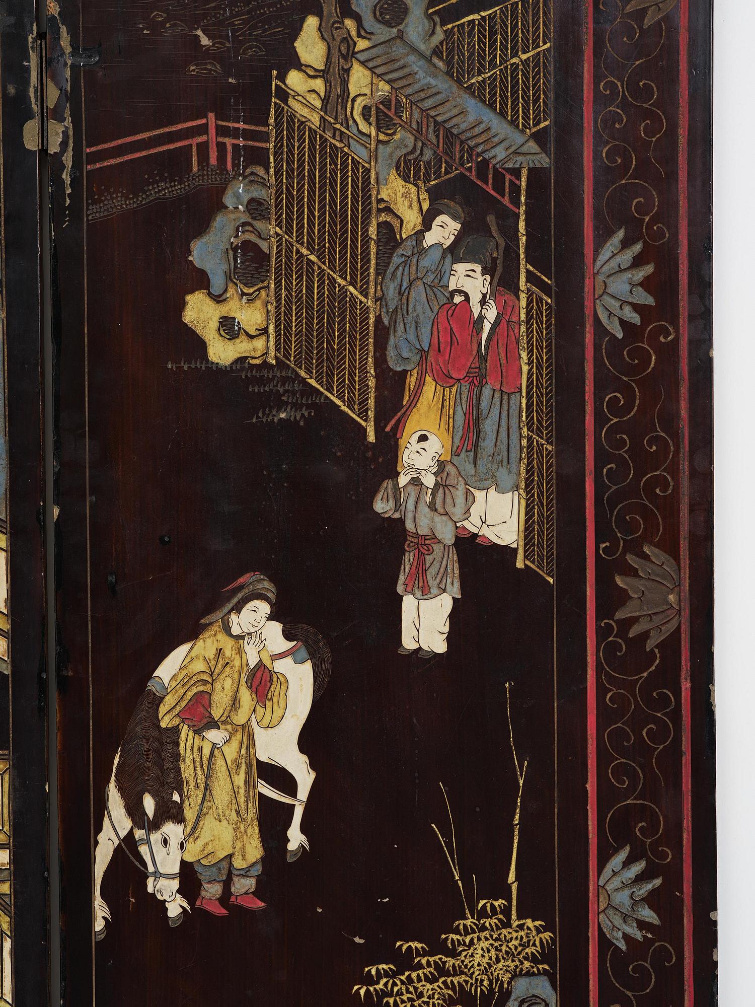 A Chinese four panel lacquer folding screen, first part of the 20th century.