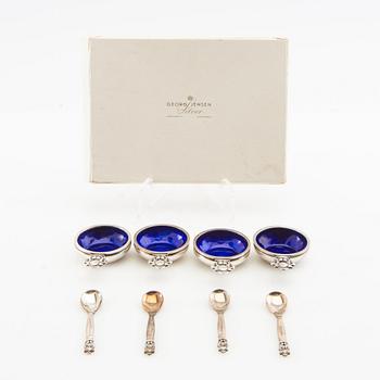 Johan Rohde, salt cellars 4 pcs and spoons "Konge/Achorn" sterling silver for Georg Jensen after 1945.