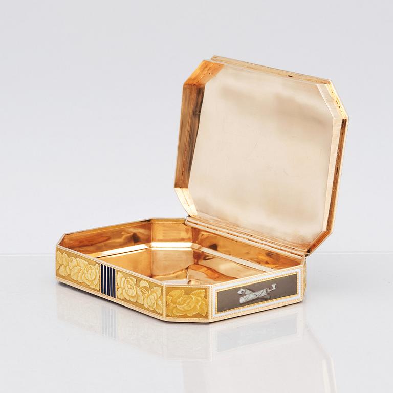 An early 19th century gold and enamel box, unidentified mark M, possibly Switzerland.