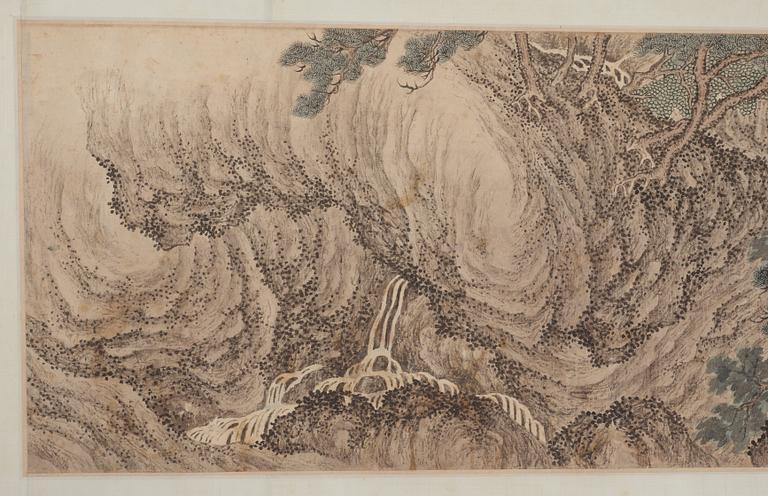 RULLMÅLNING  med KALLIGRAFI, figurer i landskap, Qing dynastin 1800-tal.