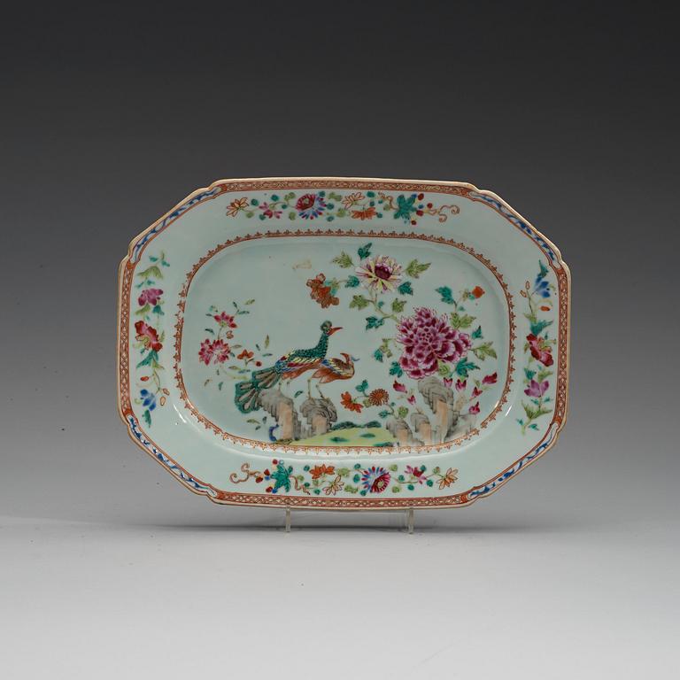 A set of three famille rose 'double peacock' serving dishes, Qing dynasty, Qianlong (1736-95).