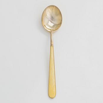 Sugar bowl and spoon, silver and enamel, the bowl by Anita Sarlin. Tillander, Helsinki, 1950.