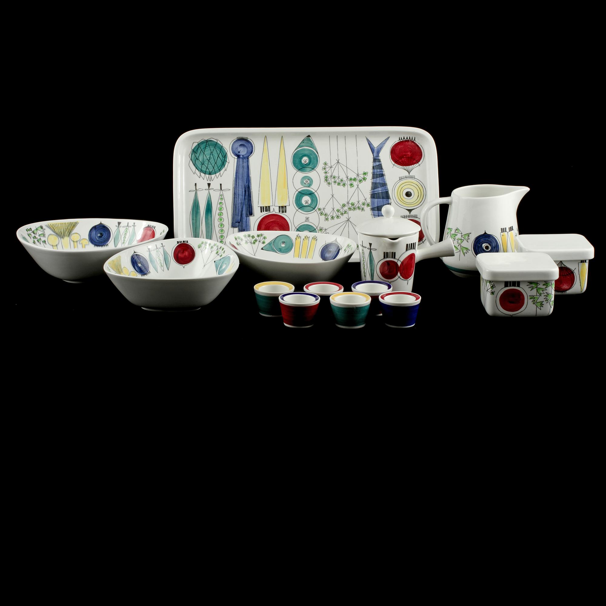 SERVISDELAR, 14 delar, flintgods, "Picknick", Marianne Westman, Rörstrand, 1900-talets andra hälft.
