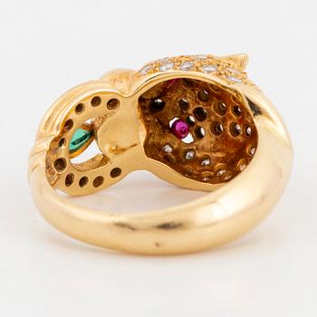 18K gold brilliant-cut diamond, ruby and emerald tiger ring.