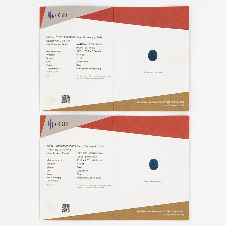 Earrings in 18K gold with cabochon-cut sapphires and octagon-cut diamonds.