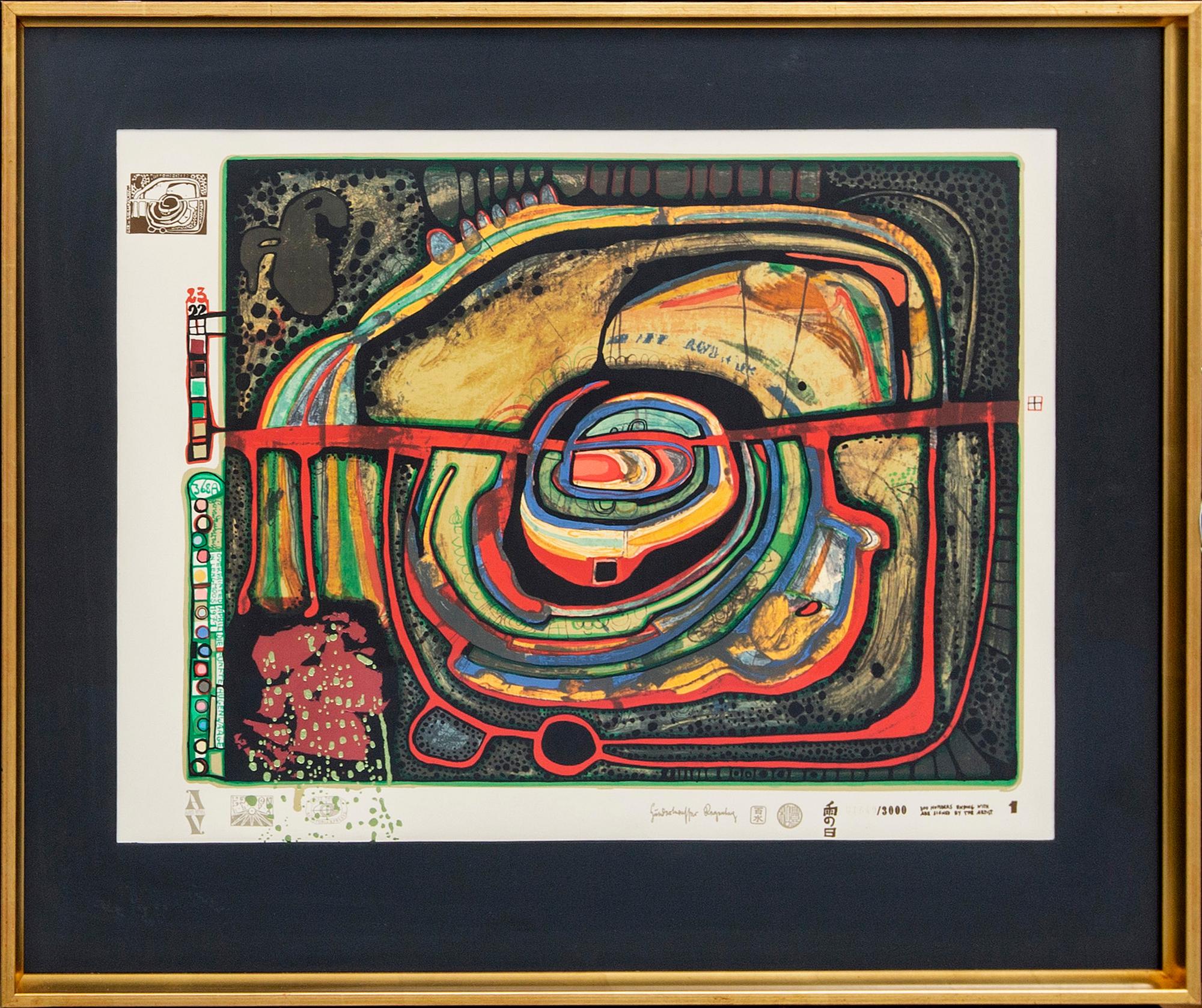 Friedensreich Hundertwasser,  färgserigrafi med metallprägling, numrerad 1649/3000.