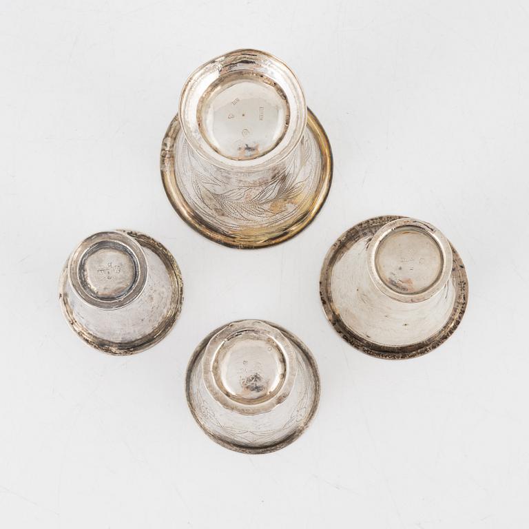 Four Swedish silver miniature beakers, 18th/19th century.