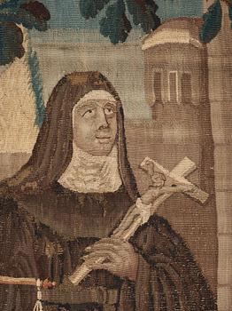 VÄVD TAPET, gobelängteknik. Landskap med nunna. 244,5 x 232,5 cm. Flandern omkring 1700.