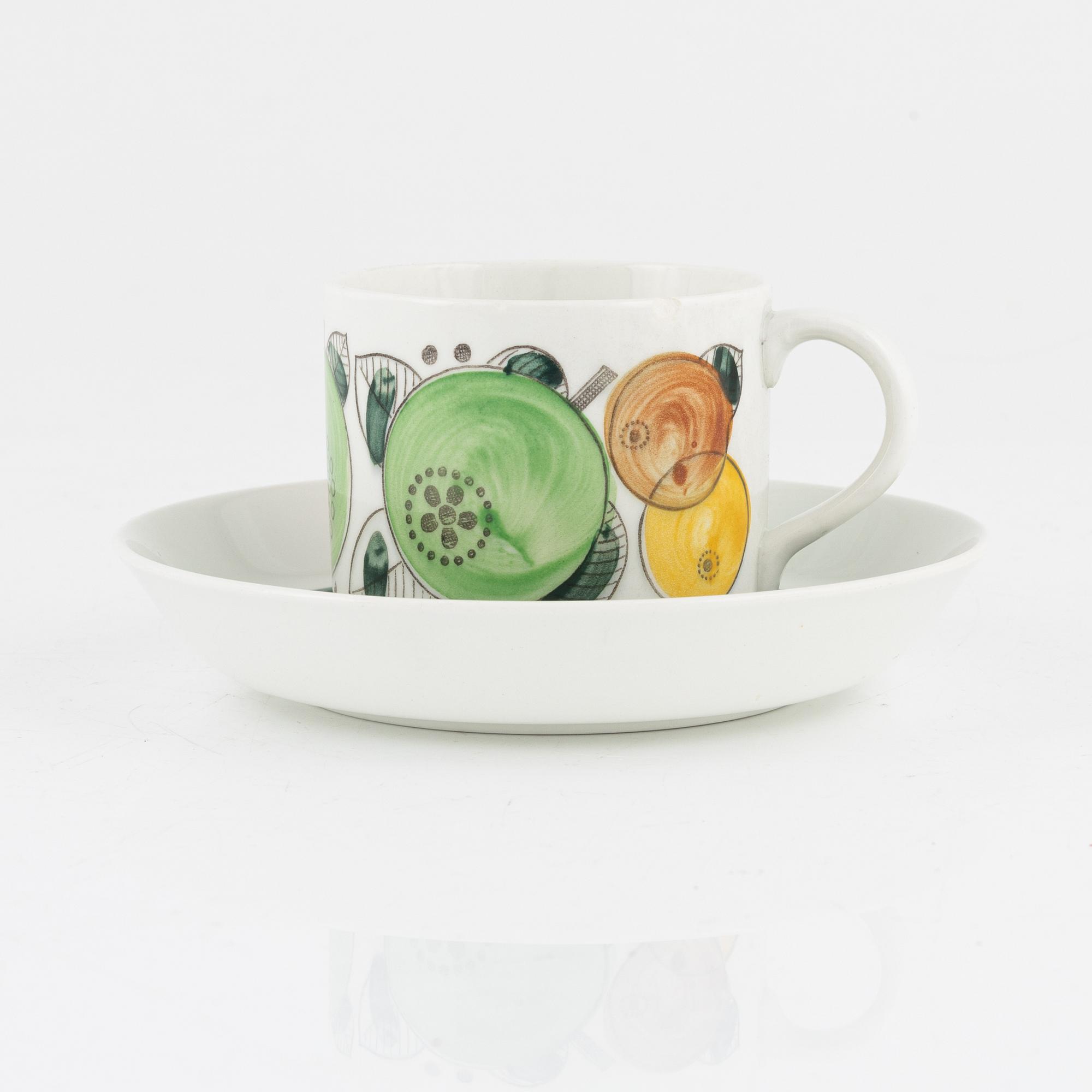 Hertha Bengtson, two 'Fructus' coffee cups with saucer, Rörstrand.