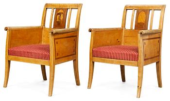 A pair of Ragnar Östberg birch armchairs with inlays, designed for Villa Mullberget, Sweden ca 1907.