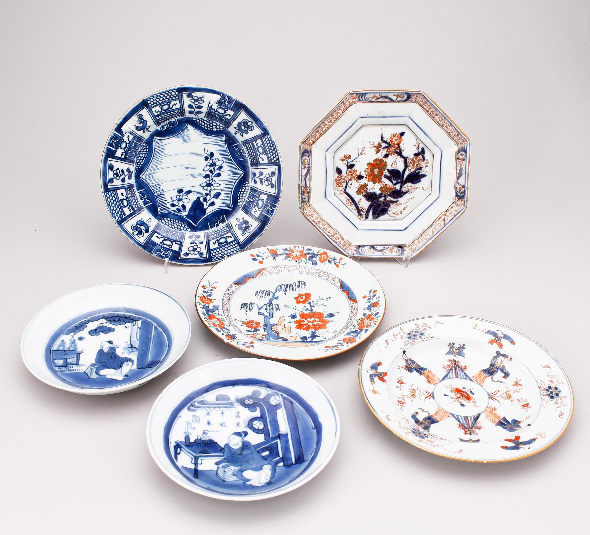 TALLRIKAR, 6 st, porslin, Kina, bland annat Qing dynastin, 1700-tal.