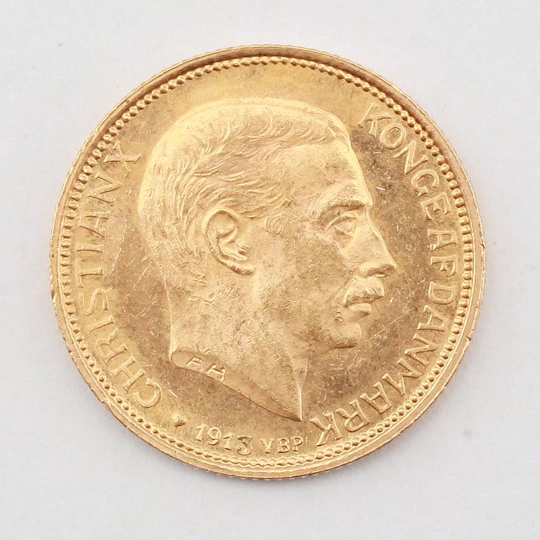 GULDMYNT, 20 kroner, Christian X, Danmark, 1913. Vikt ca 9 gram.